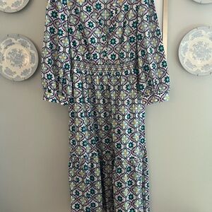 Boden Blue and Green Patterned Long Sleeve Dress